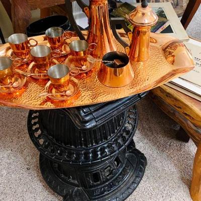 Hammered Copper Tray and Coffee Set made in Rhodesia(Zimbabue)and Pot Belly Stove made by Lehich