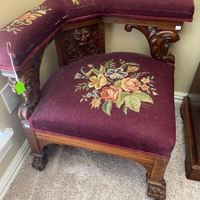 Antique Victorian Corner Chair with Needlepoint Seat, Arms