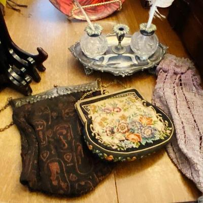 Antique Ink Well Set, Antique Beaded Purses