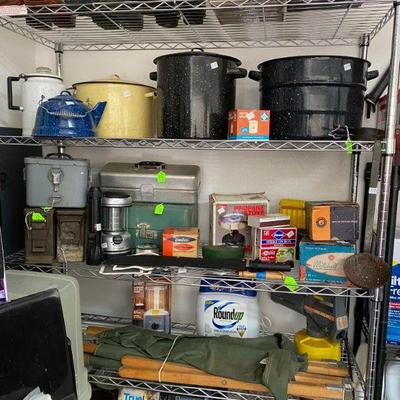 Enamelware Camping Pans, Gear and Fishing Tackle Boxes