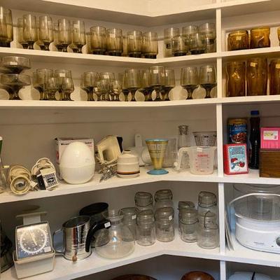 Pantry full of Vintage Libby Glassware, small appliances and canning jars