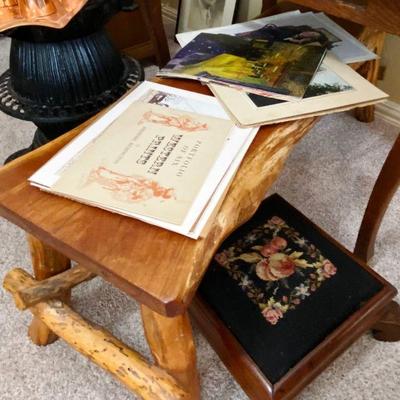 Hand Carved Wooden Bench and Antique Needlepoint footstool