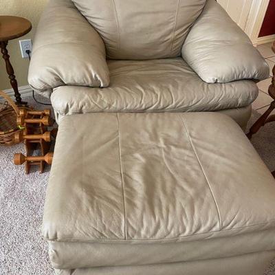 Faux Beige Leather Overstuffed Leather Chair and Ottoman made by Cobblestone