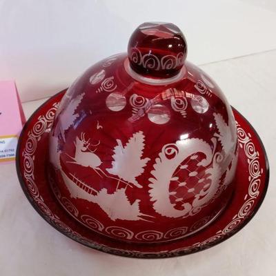 Czech Bohemian Red Cut to Clear Glass Covered Dish