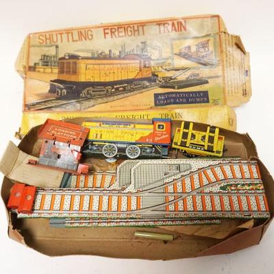 1144	TIN WIND UP TOY FREIGHT TRAIN ALPS JAPAN, BOX DIRTY & WORN
