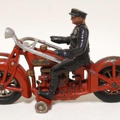 1135	ANTIQUE TOY CAST IRON LARGE MOTORCYCLE W/POLICE, PARTIAL INDIAN MOTORCYCLE DECAL ON TANK, APPROXIMATELY 10 IN X 6 IN HIGH
