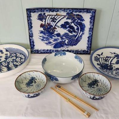 WHT053 - Blue And White Asian Platters And Bowls