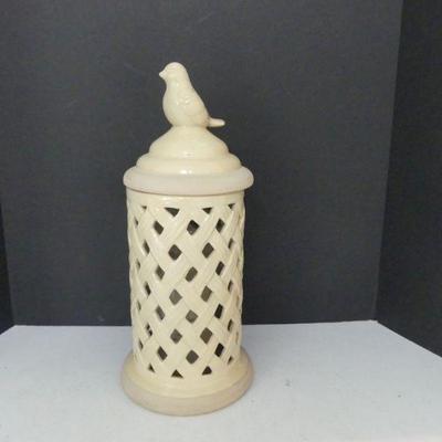 Ceramic Lattice Work Flameless Candle Holder with Bird on Lid - 7