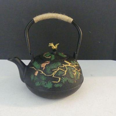 Vintage Oriental Cast Iron Teapot with Squirrel & Tea Strainer