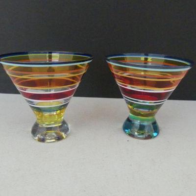 Vintage MCM Pair of Unusual Flashed On Color Striped Cone Shaped Cocktail Glasses