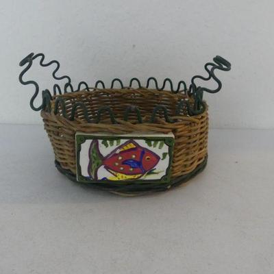 Vintage Basket with Hand Painted Fish Ceramic Tile & Serpentine Metal Rim & Handles