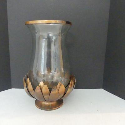 Lotus Flower Burned Copper Iron and Glass Hurricane Pillar Candle Holder - 17