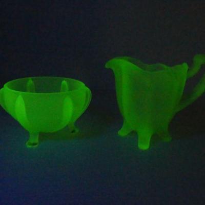 Vintage Green Satin Vaseline Glass Footed Open Sugar Bowl & Creamer
