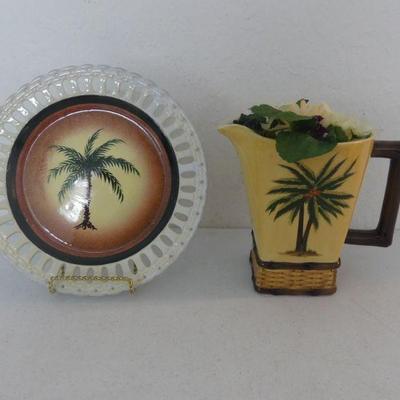 Pacific Rim China Palm Tree Pitcher with Woven-Look Base and Reticulated Plate with Palm Tree Design Center