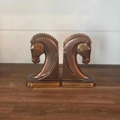 Copper and brass plate art deco Trojan horse bookends made by Dodge Inc. 