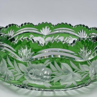 Bohemian Glass Green Cut to Clear Crystal Bowl