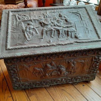19th C. Repousse metal over wood chest with adorned genre scenes