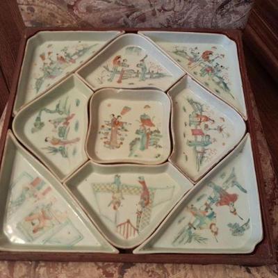 Set of nine 19th C. Chinese polygonal painted porcelain dishes set in wood tray