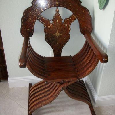 Antique/Vintage Syrian Savonarola Solid Rosewood Accent/Armchair with Brass and Copper Inlay