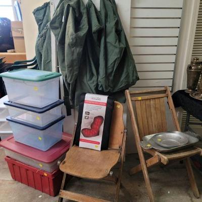 Wooden slat chair, military bags & plastic containers