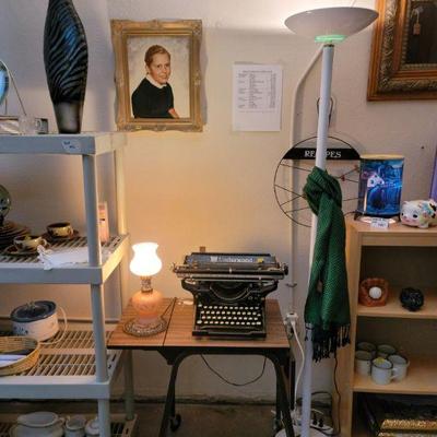 1895 typewriter, vtg typewriter table & small parlor lamp 