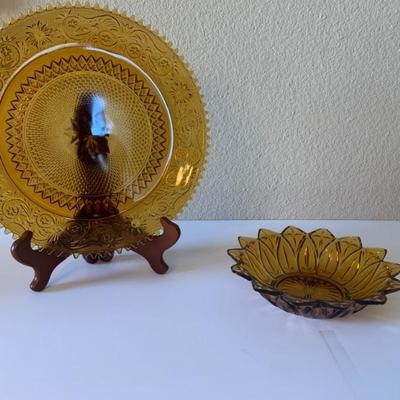 Vintage Amber Federal Glass Starburst Sunflower Dish, Vintage Amber Glass Platter