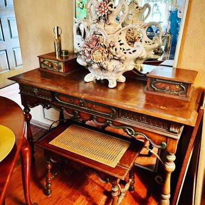 Antique writing desk with caned bench