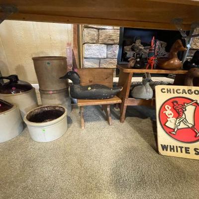 Various size stoneware crocks, wood painted ducks, Chicago White Sox sign.  