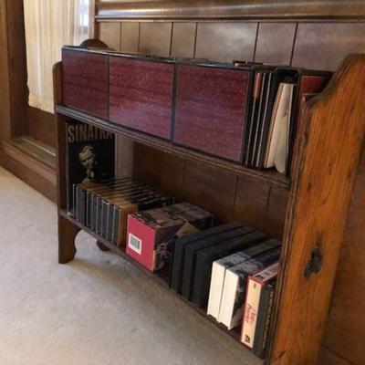 oak bookshelf; classical music CD's; Video tapes