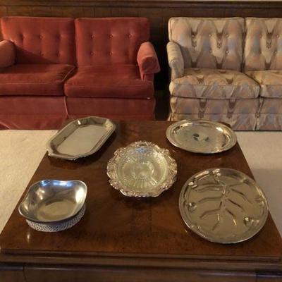 Large square wood table; assorted silver platters