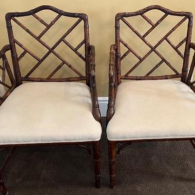 Pr Wood Chinese Bamboo Like Arm Chairs - as is - finish chipped. Asking Was $200 Pair - Now $150