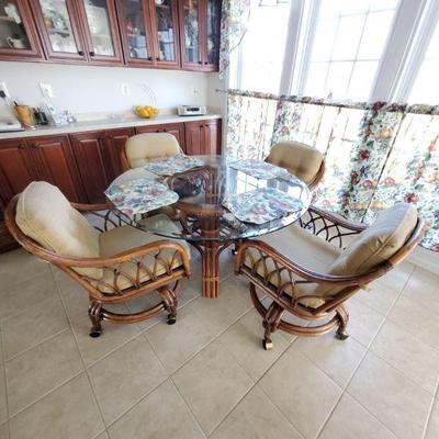 rattan breakfast table glass top, chairs