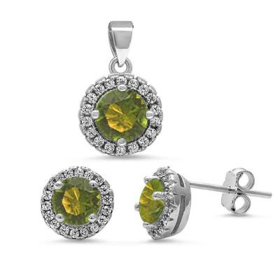 Round Halo Peridot & Cubic Zirconia .925 Sterling Silver Pendant & Earring Set  $48...