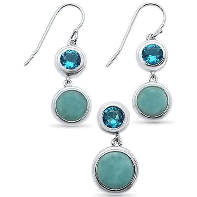 Round Natural Larimar & Blue TopAz .925 Sterling Silver Earrings & Pendant Set $114...