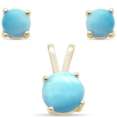 Yellow Gold Plated Natural Larimar Round Set .925 Sterling Silver Earring & Pendant Set $39...