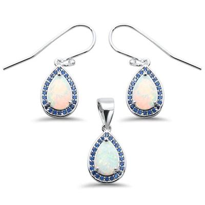 Pear Shape White Opal & Blue Sapphire Cubic Zirconia .925 Sterling Silver Earring & Pendant Set
$45...