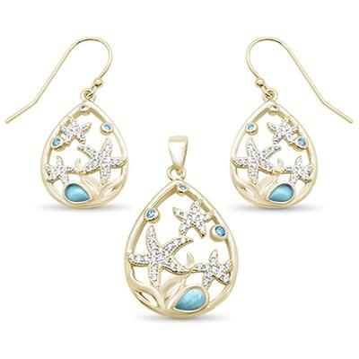 Yellow Gold Plated Natural Larimar & Aquamarine Star Cz Drop Pendant & Earring .925 Sterling Silver Set
$141...