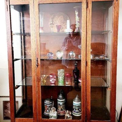 Antique Oak Cabinet Glass Mirrored Shelves