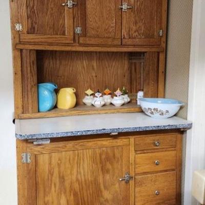 Antique Oak Hoosier Cabinet, Holt Howard Pixieware Set