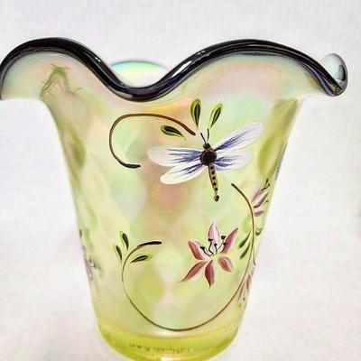 Fenton Hand Painted Uranium Glass Dragon Fly Vase