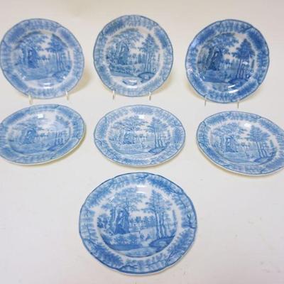 1093	DAVENPORT STAFFORDSHIRE BLUE & WHITE TRANSFERWARE PLATES GROUP OF 7, ONE W/SMALL RIM CHIP, 8 IN
