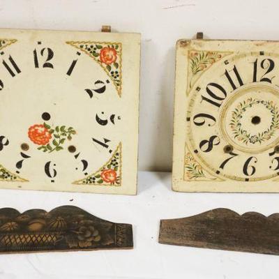 1157	LOT OF ANTIQUE CLOCK WOOD FACES X SCROLLED WOOD TOPS, LARGEST FACE APPROXIMATELY 11 1/2 IN X 12 1/2 IN
