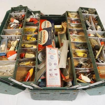 1161	VINTAGE FISHING TACKLE, LURES & REELS IN METAL TACKLE BOX, LOADED!
