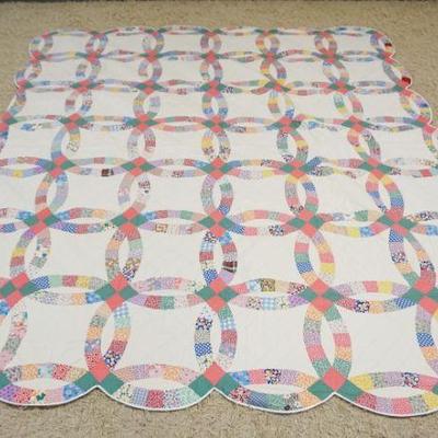 1034	 ANTIQUE HAND SEWN QUILT DOUBLE WEDDING RING PATTERN, APPROXIMATELY 7 FT 1 IN X 8 FT 4  ING
