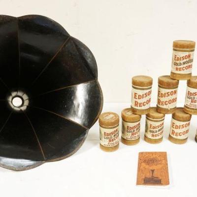 1098	EDISON CYLINDER VICTROLLA LOT 11 RECORDS, BOOK & HORN
