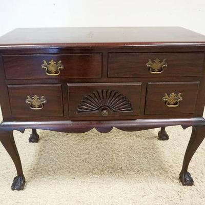 1084	MAHOGANY 5 DRAWER QUEEN ANNE STYLE LOW BOY, BALL & CLAW FOOT W/CENTER SHELL CARVED DRAWER, APPROXIMATELY 38 IN X 20 IN X 30 IN HIGH

