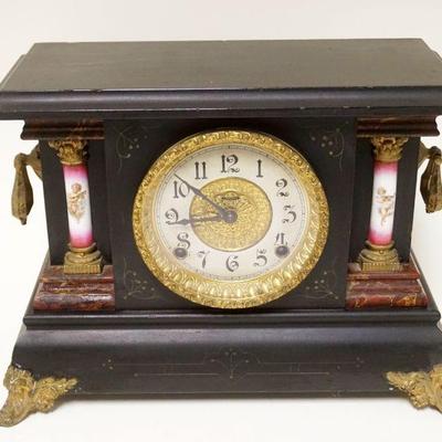 1148	INGRAHAM VICTORIAN MANTLE CLOCK IN BLACK WOOD EBONIZED CASE W/METAL MOUNTS & GARNITURES, APPROXIMATELY 7 IN X 16 IN X 11 IN HIGH

