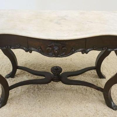 1079	MARBLE TOP VICTORIAN CONSOLE TABLE W/ONE DRAWER, FRAME HAS SOME LOSS, IN NEED OF REPAIR, APPROXIMATELY 44 IN X 22 IN X 29 IN HIHG

