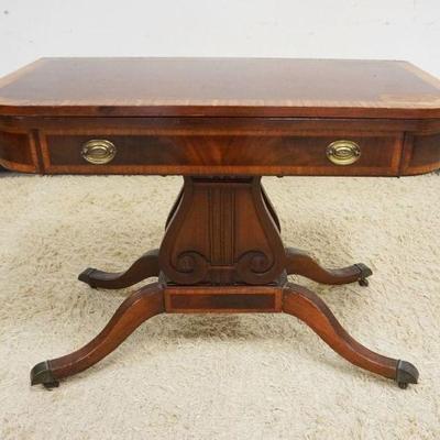 1091	MAHOGANY FLIP TOP EXTENSION GAME TABLE, TOP HAS WEAR TO FINISH, BASE NEEDS RESTORATION, OPEN APPROXIMATELY 40 IN X 42 IN X 29 IN H
