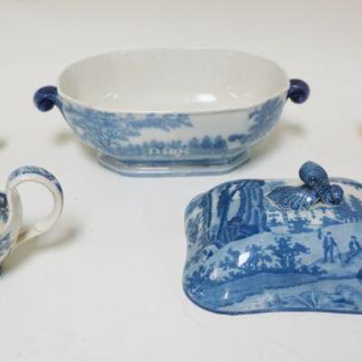 1096	DAVENPORT STAFFORDSHIRE BLUE & WHITE TRANSFERWARE INCLUDING OVAL 12 IN SERVING BOWL, OVAL 8 IN COVERED BOWL, 2-9 IN GRAVIES & 8 IN X...